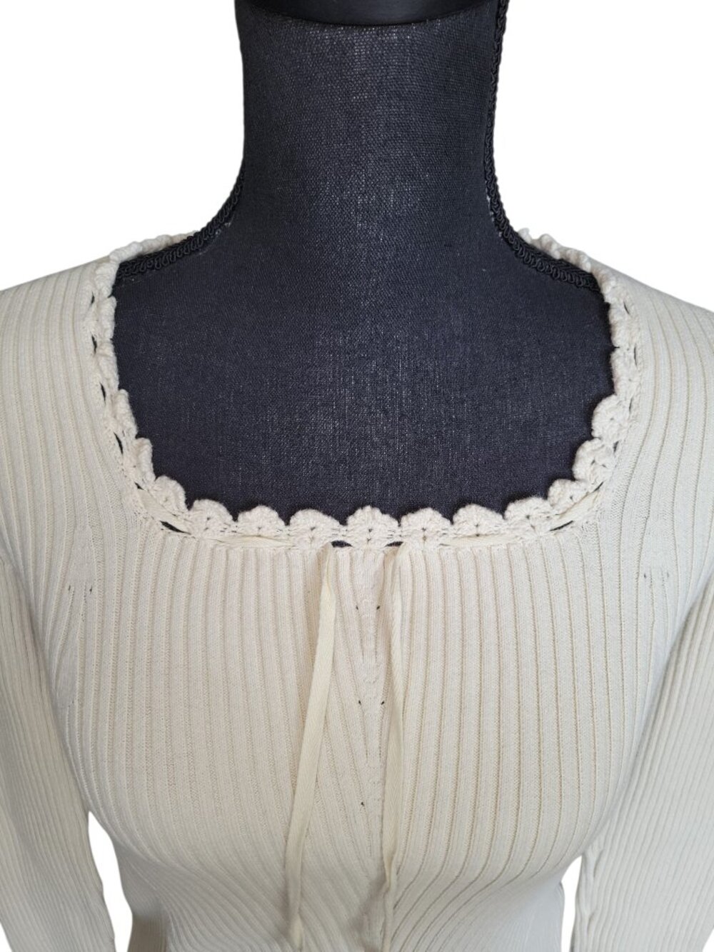 Ralph Lauren Cream Square Neck Lace Trim Ribbed Tie Front Shirt Women's Size M - Picture 2 of 9